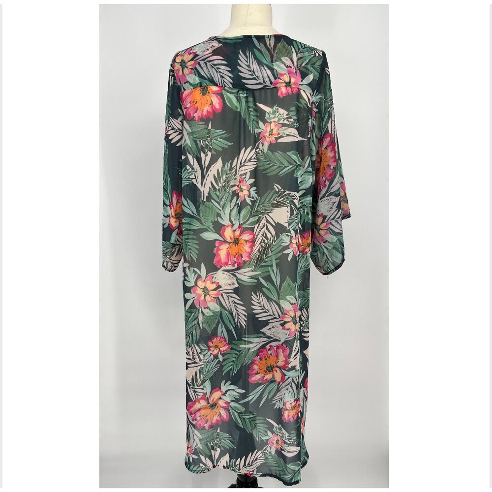 Mary and Mabel Kimono Top Cover Tropical Floral S/M Green Pink Open Sheer Long - Picture 2 of 9